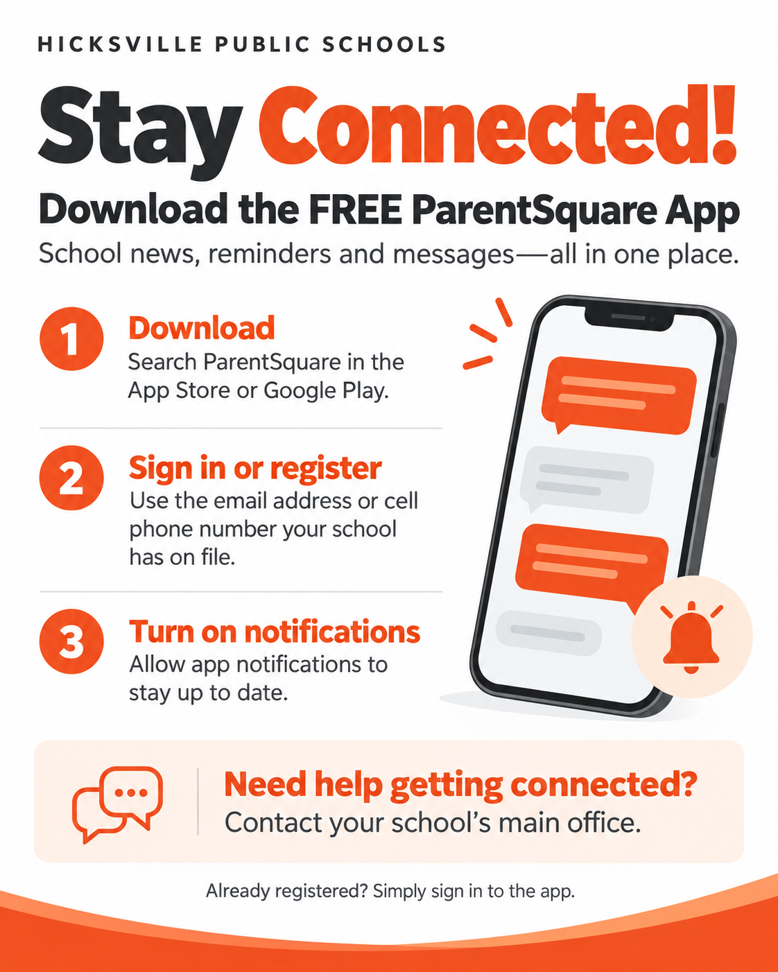 An informational flyer for Hicksville Public Schools encourages parents to stay connected by downloading the free ParentSquare app.